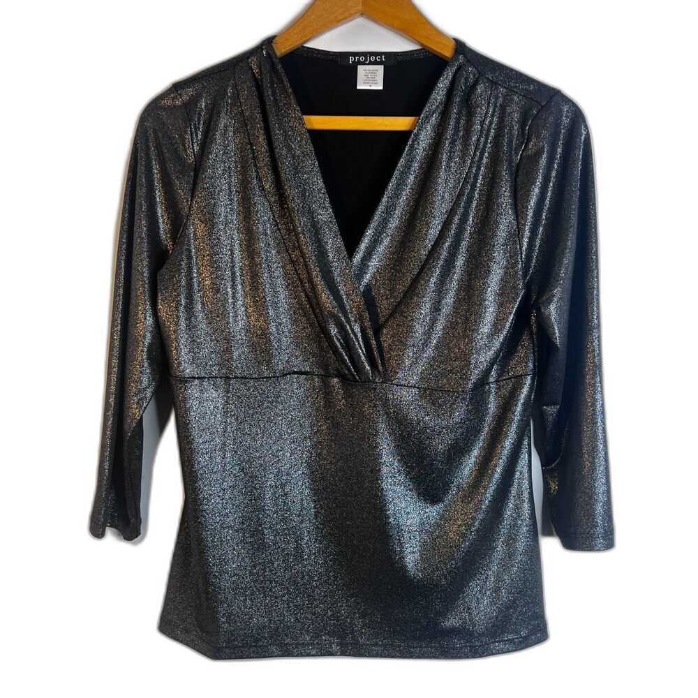 Project Metallic Dressy Vneck‎ Empire Blouse 3/4 Sleeve Special Occasion Size MD